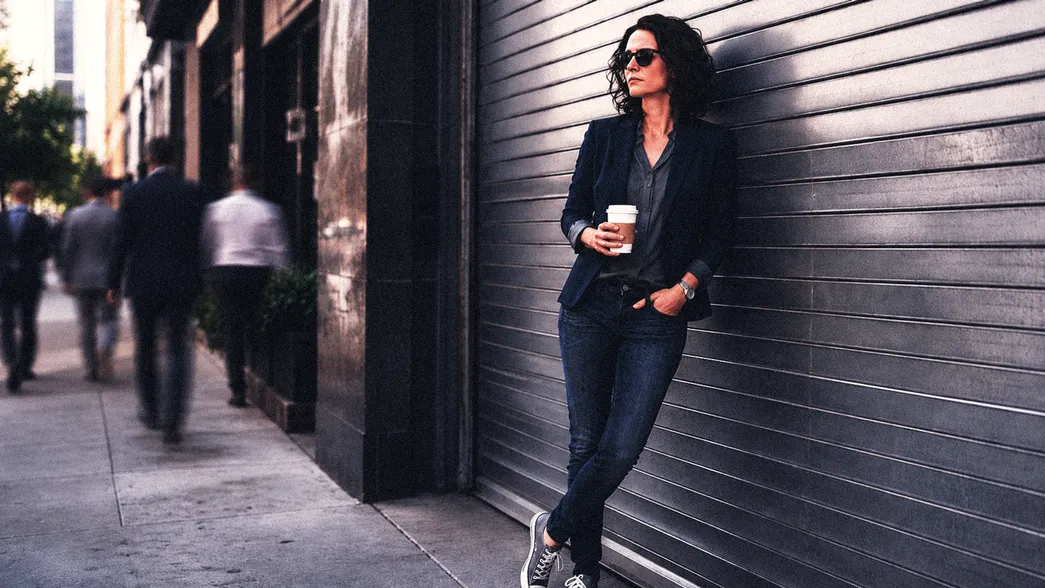 A confident woman in a navy blazer leans against a steel-shutter wall on a city street — "Wendy," the credit union CMO whose CPMA story opens the article.